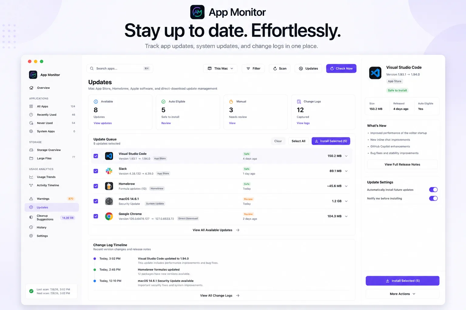 Updates dashboard combining available macOS app updates
