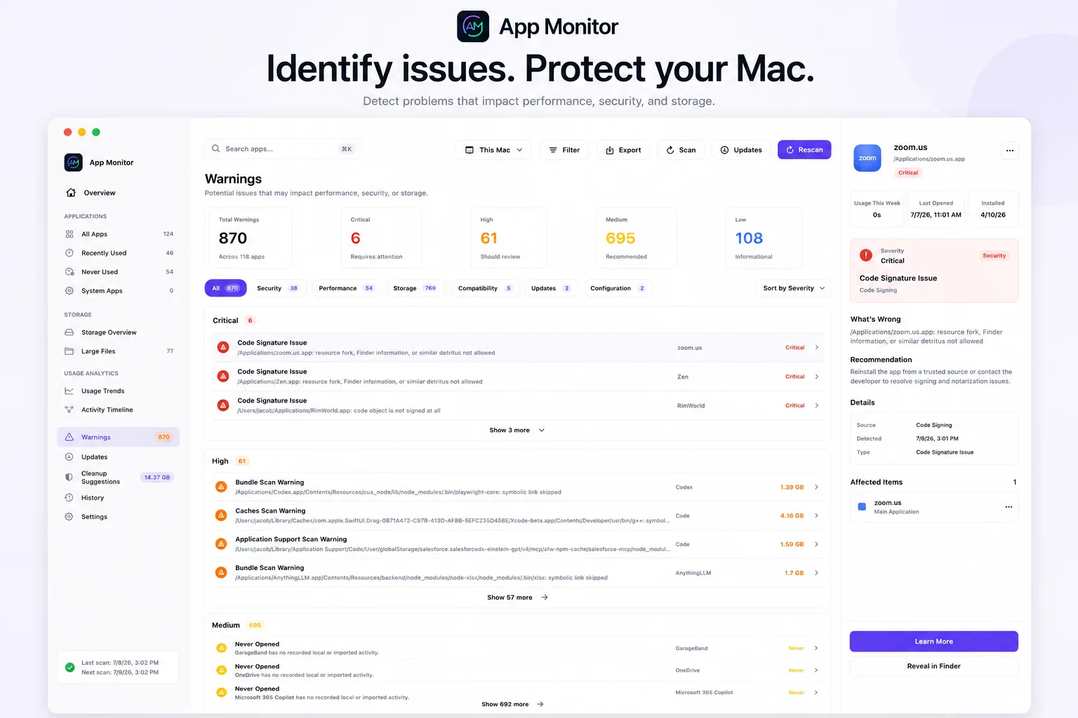 Warnings dashboard showing app health and review items