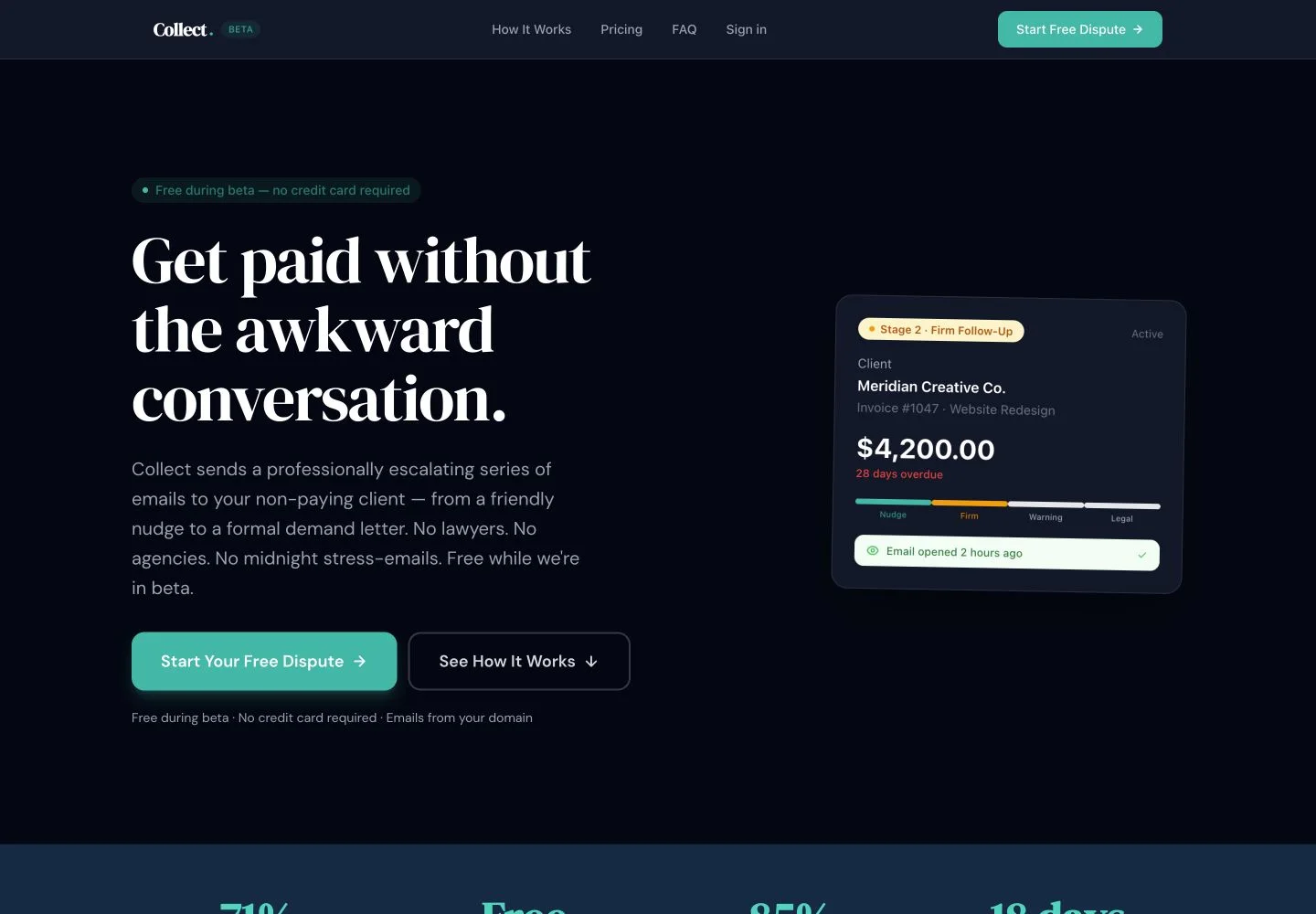 Collect website homepage showing its invoice dispute service, primary action, and active dispute card