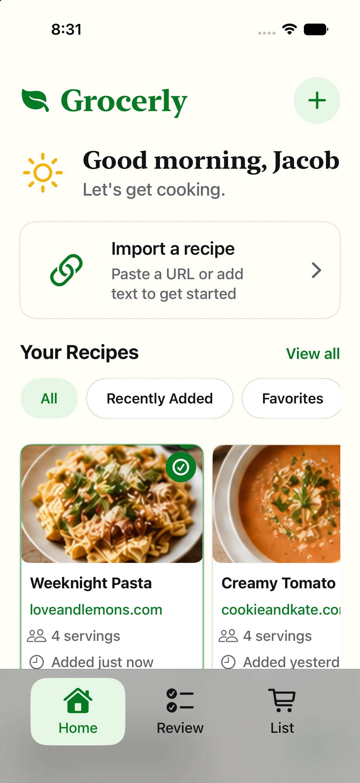 Grocerly iPhone home screen with recipe import and saved recipes