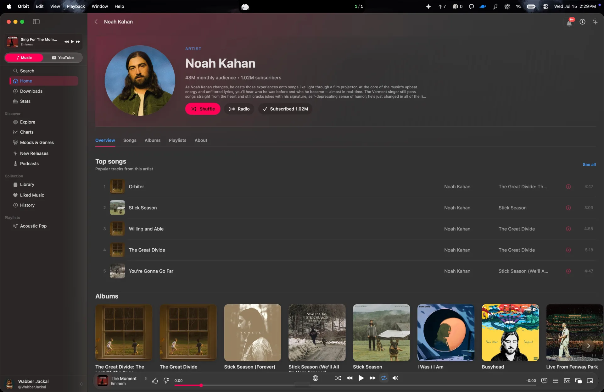 Orbit artist page for Noah Kahan with top songs and albums