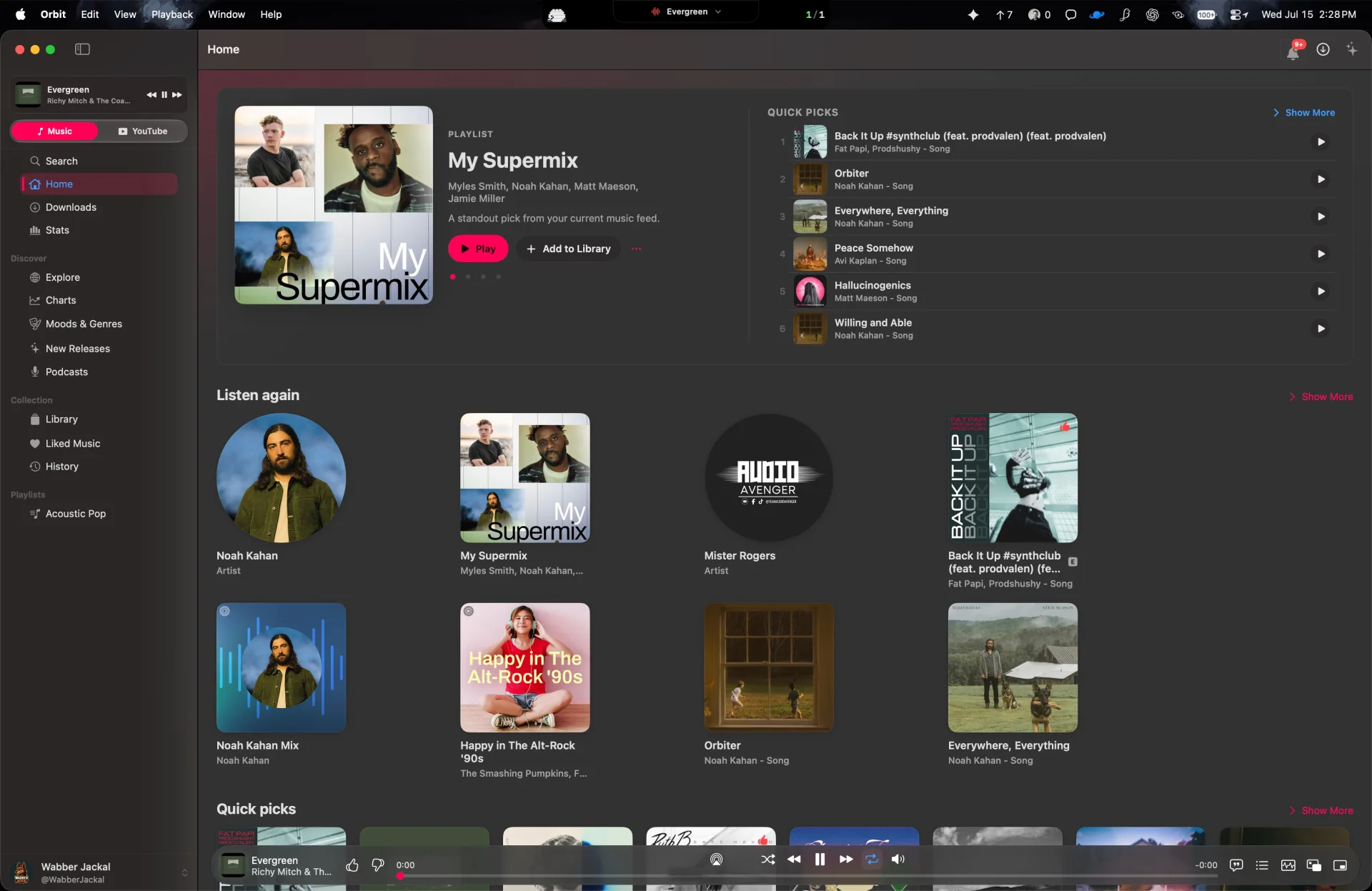 Orbit music home screen displaying a supermix, quick picks, and recently played music