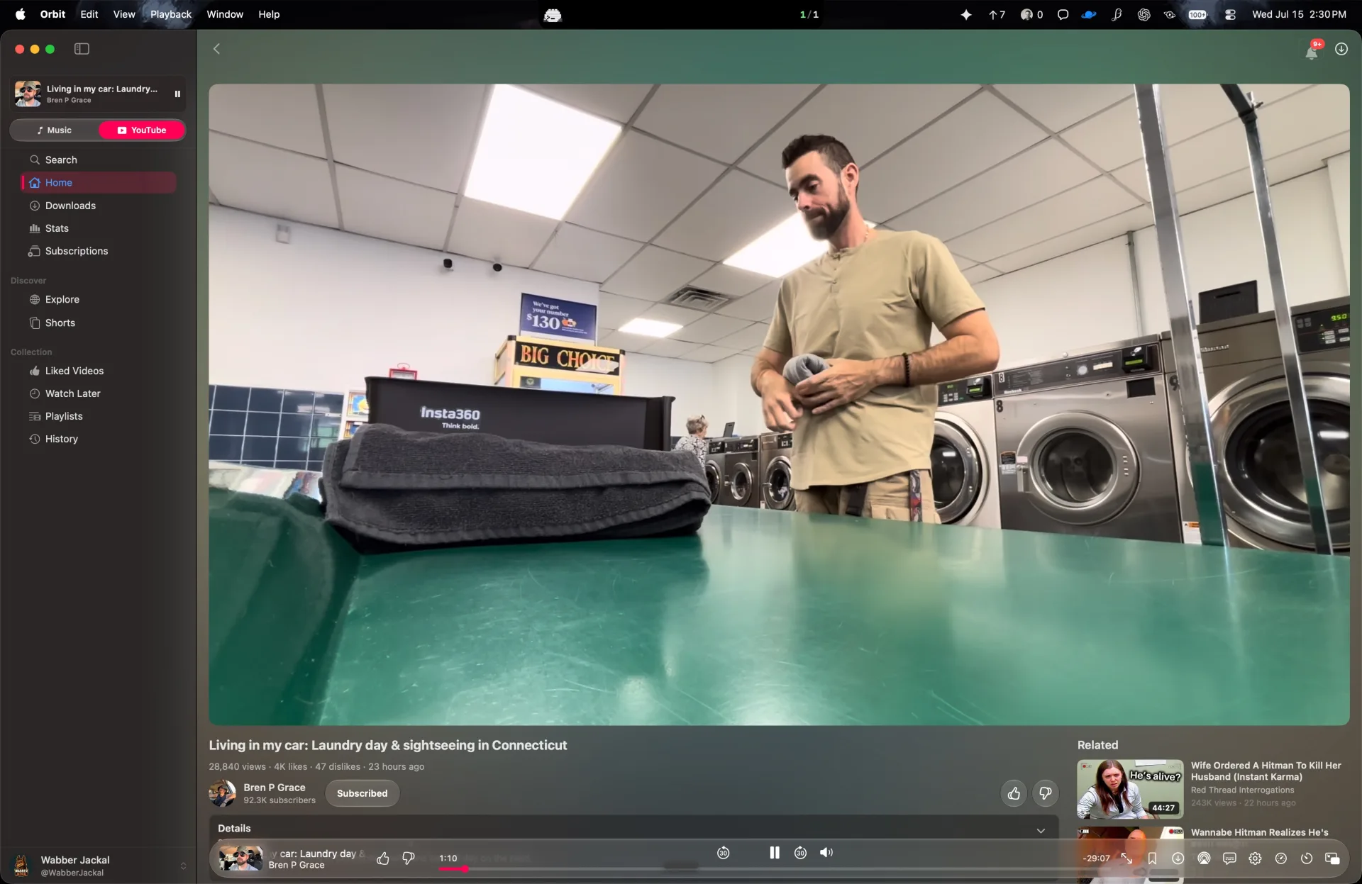 Orbit playing a YouTube video with related videos and native playback controls