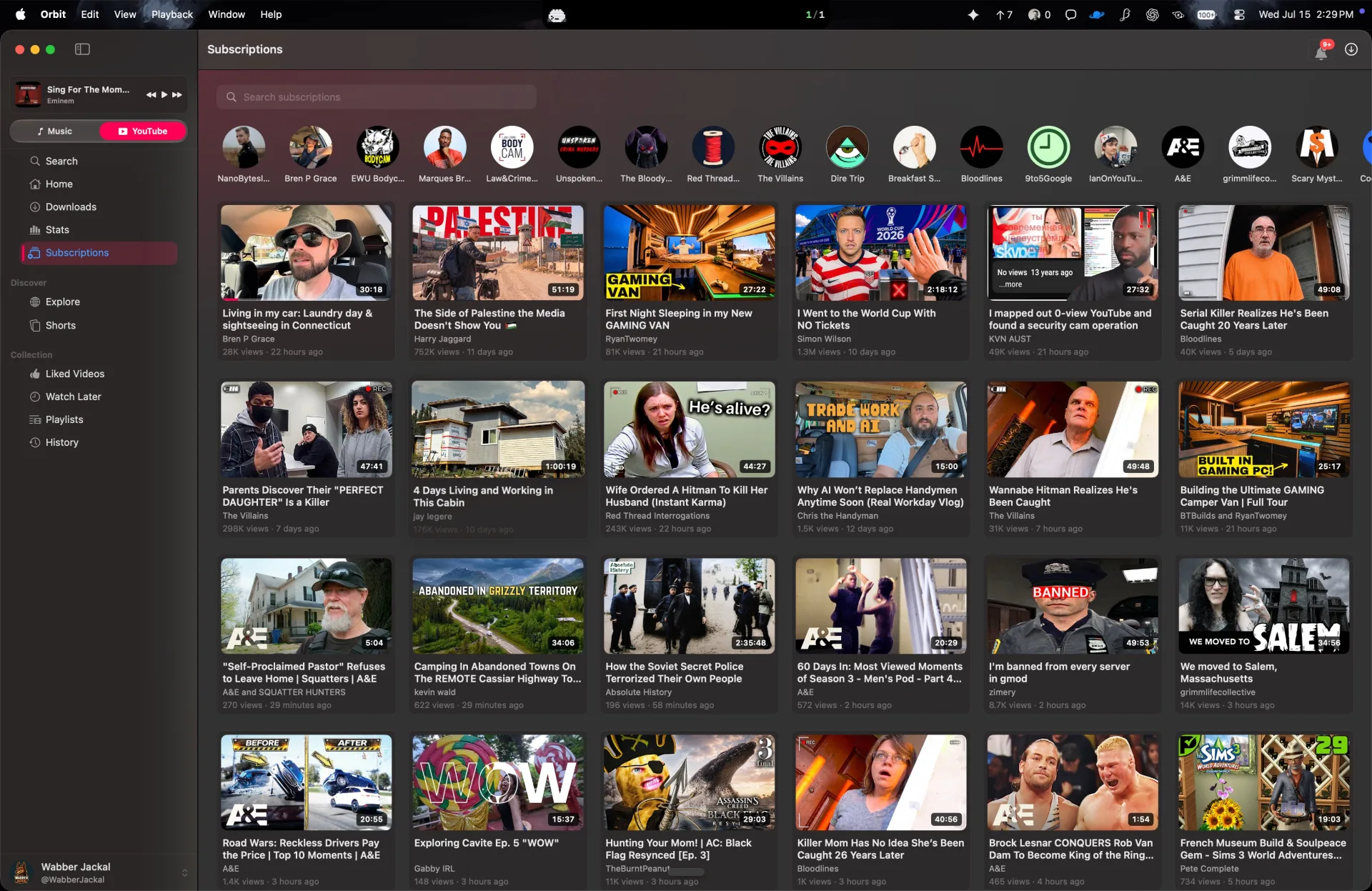 Orbit YouTube subscriptions screen with channel shortcuts and a video grid